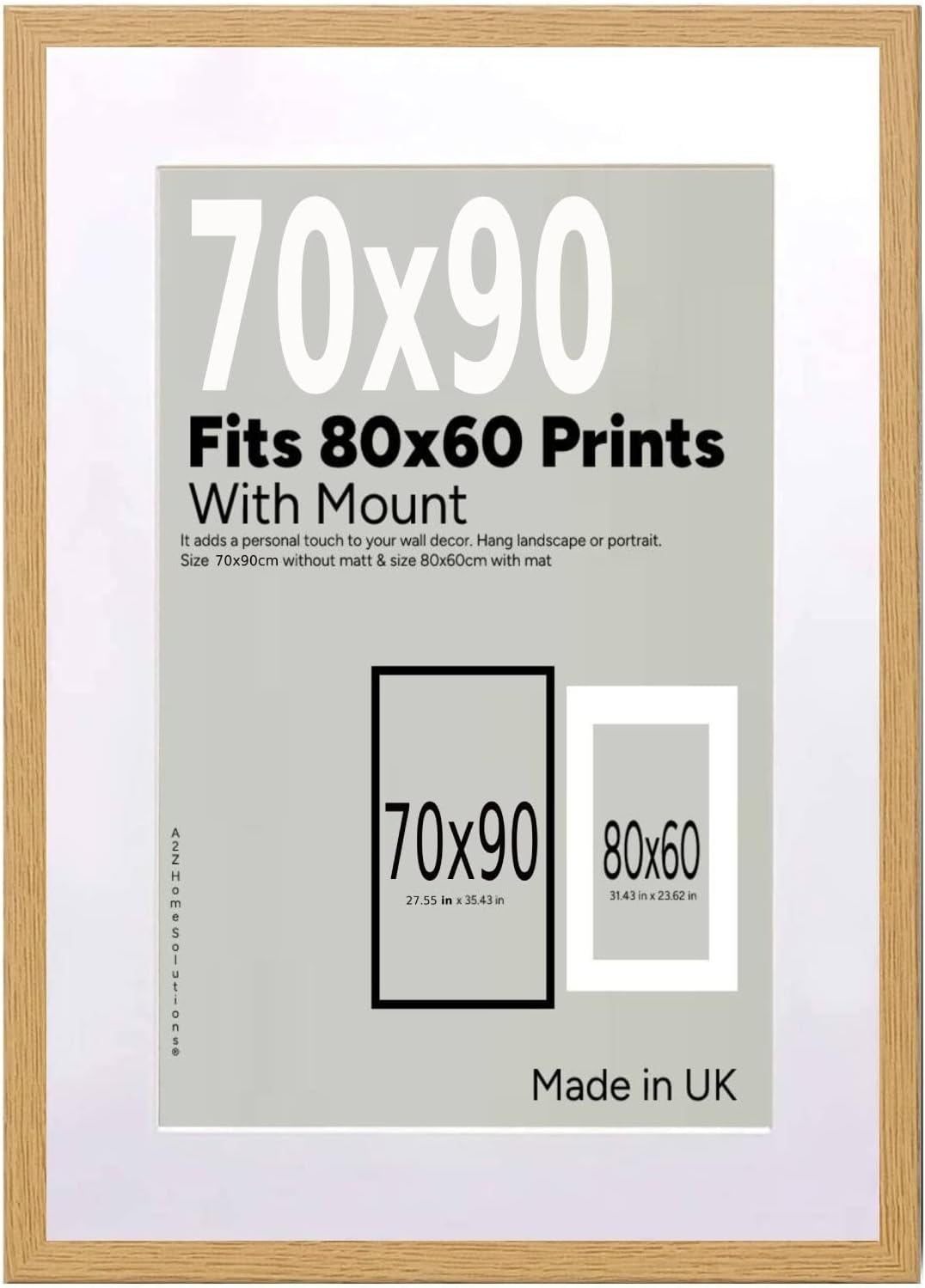 A2Z Home Solutions® Wall Photo Frame Oak 70x90 cm Frame With 80x60 cm Mount Picture Poster Print With Clear HD Perspex 30x15 MM Moulding Mounting Hooks MDF Backboard