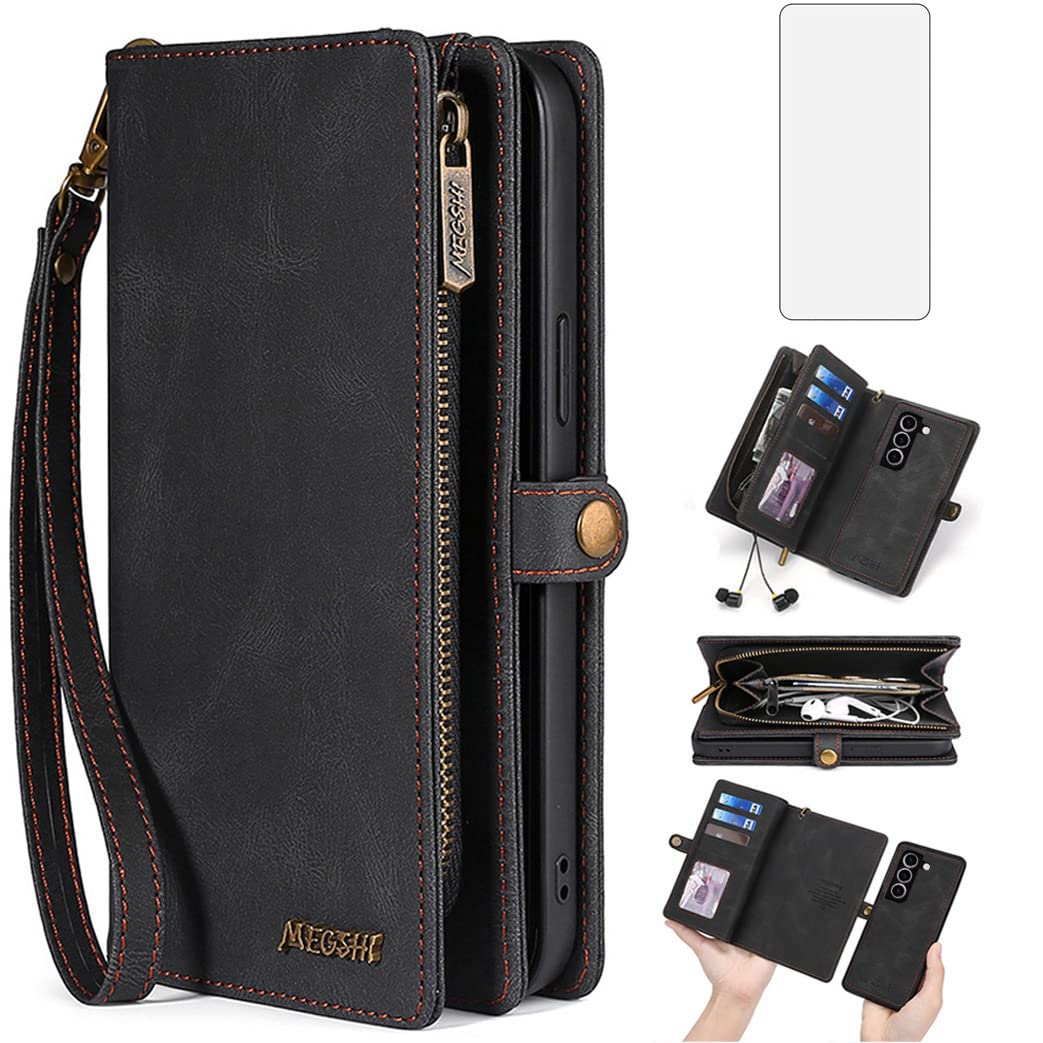 Asuwish Phone Case for Samsung Galaxy S23 5G Zipper Wallet Detachable Cover with Tempered Glass Screen Protector and Leather Flip Card Holder Cell S 23 23S GS23 G5 SM-S911U 6.1 inch Women Men Black