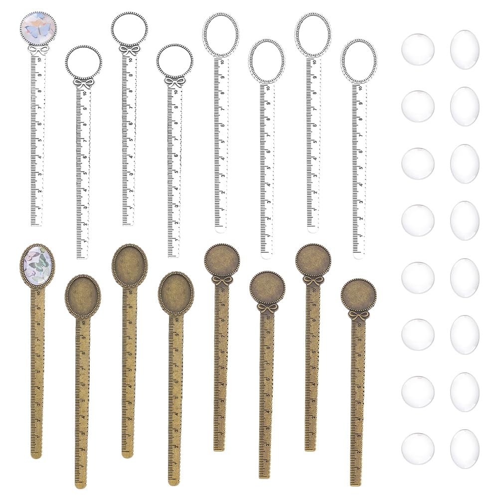 PH PandaHall Vintage Bookmark Makings Set, 16pcs 2 Color Metal Alloy Pendant Tray Blanks with 16pcs Round Oval Clear Glass Dome Cabochon for DIY