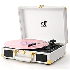 DANFI Audio Bluetooth Record Player with Built-in Stereo Speakers, USB MP3 Recording,3-Speed Turntable - White & Gold Vintage Suitcase Design