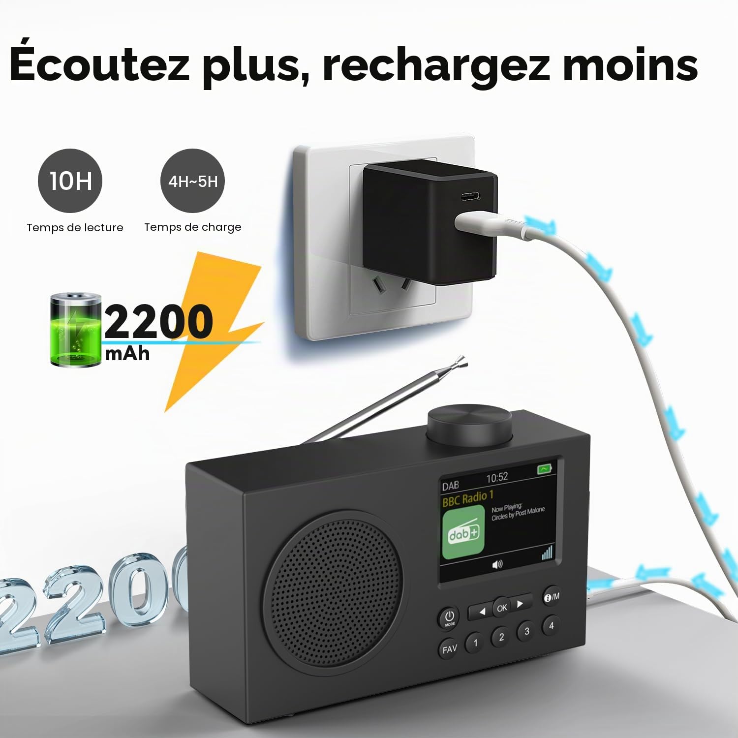 Radio DAB Monodeal avec Bluetooth, DAB+ et FM, Écran TFT 3" Rechargeable, Noir