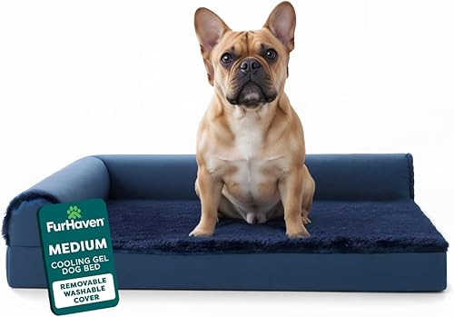 Furhaven - Cama para perro de espuma de gel refrescante, estilo diván en forma de L, de felpa y terciopelo, zafiro profundo, mediano