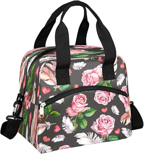 Lonchera con diseño de flores para mujeres y hombres, con aislamiento, reutilizable, correa ajustable para el hombro, bolsa de mano para la escuela,
