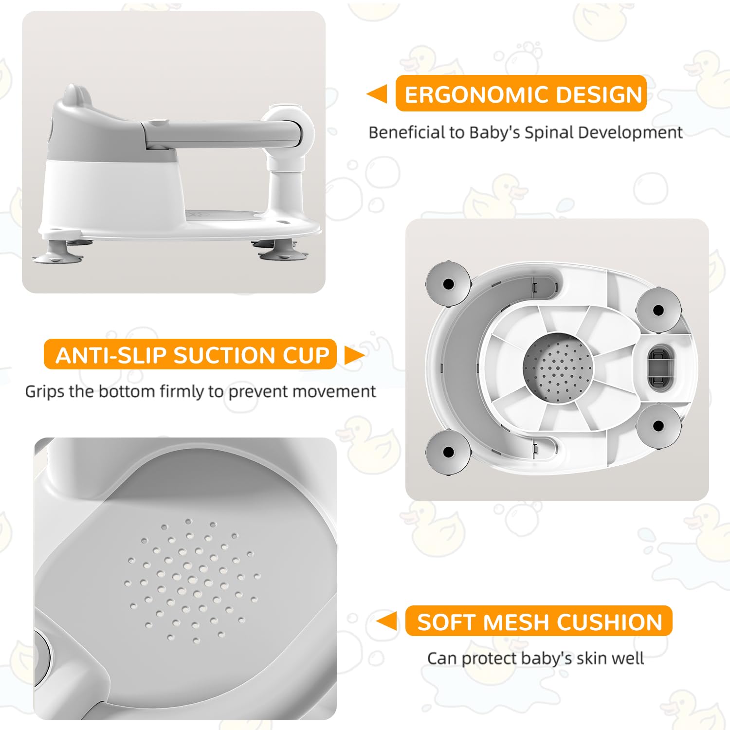 Badewannensitz Baby ab 6 Monate, Bär Rutschfester Badesitz Baby mit 4 Saugnäpfen und Kissen für Kleinkinder und Neugeborene, Sicherer Tragbarer Badstuhl für Dusche oder Badewanne, Grau