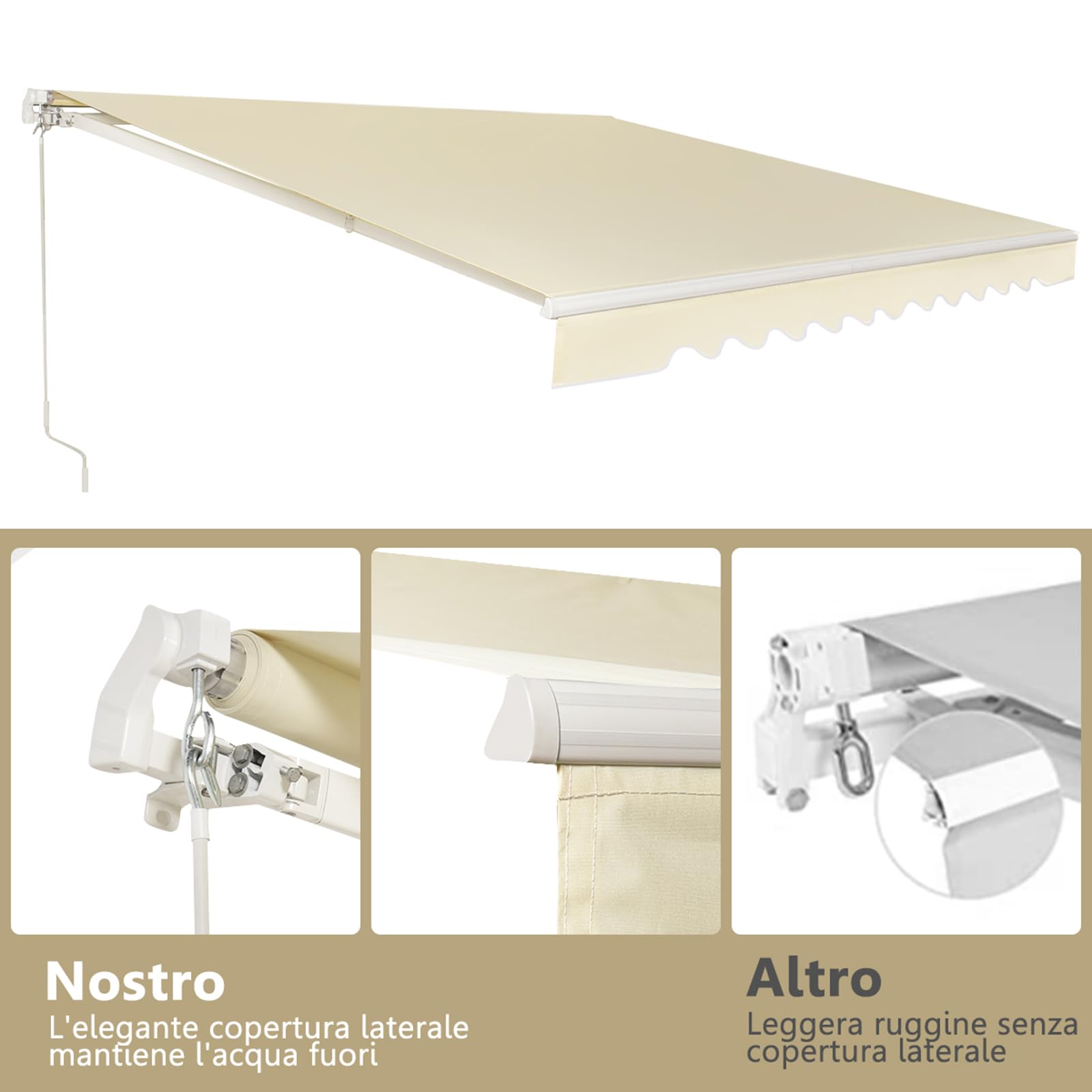 COSTWAY Tenda da Sole per Esterno Avvolgibile 3,6 x 3 M, Bracci Estensibili in Alluminio, Resistente al Sole e Impermeabile, Beige