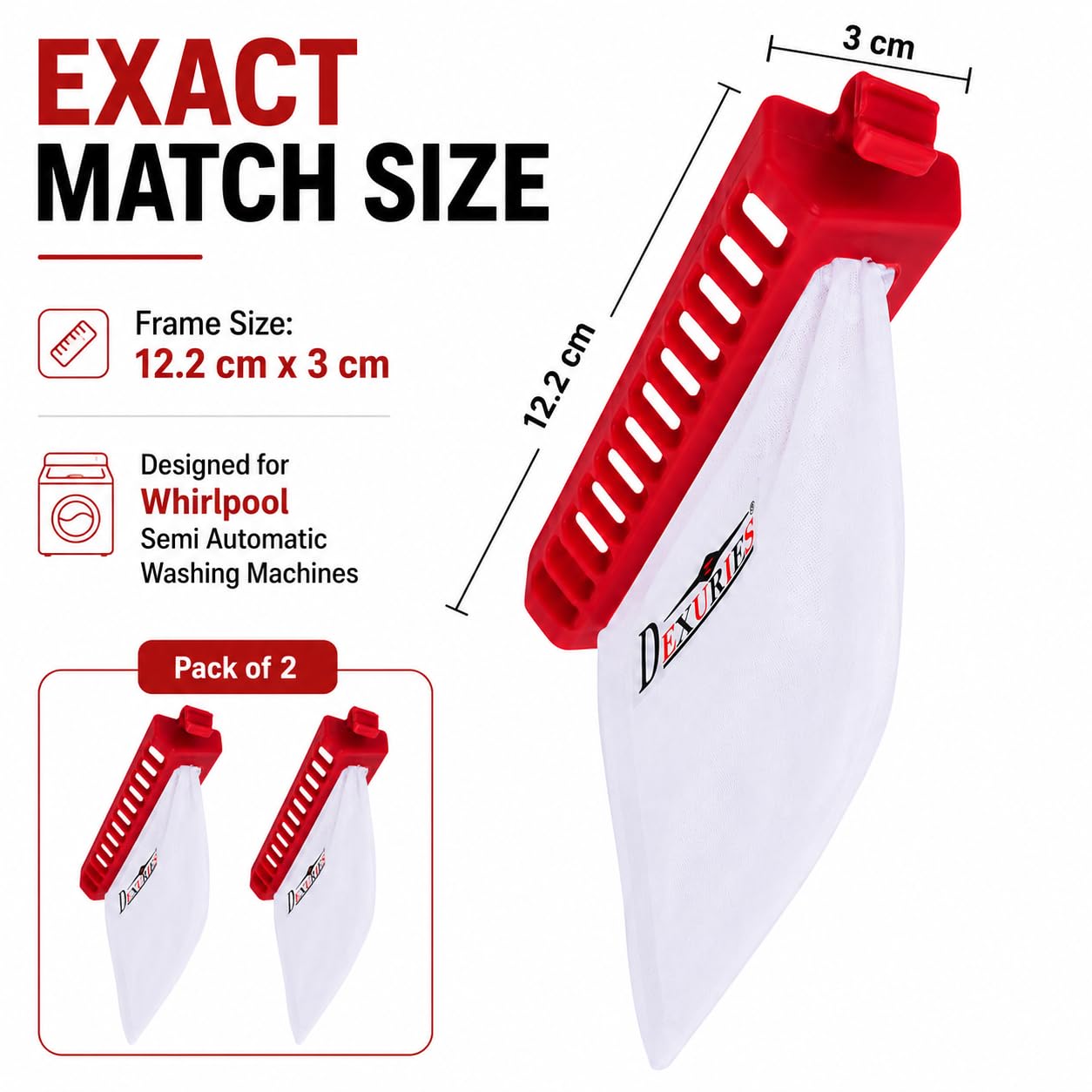 DEXURIES Washing Machine Lint Filter for Whirlpool Semi Automatic | Dust/Waste Collector Filter Net Jali Bag (Match Size 12.2 cm x 3 cm, Red, Set of 2)