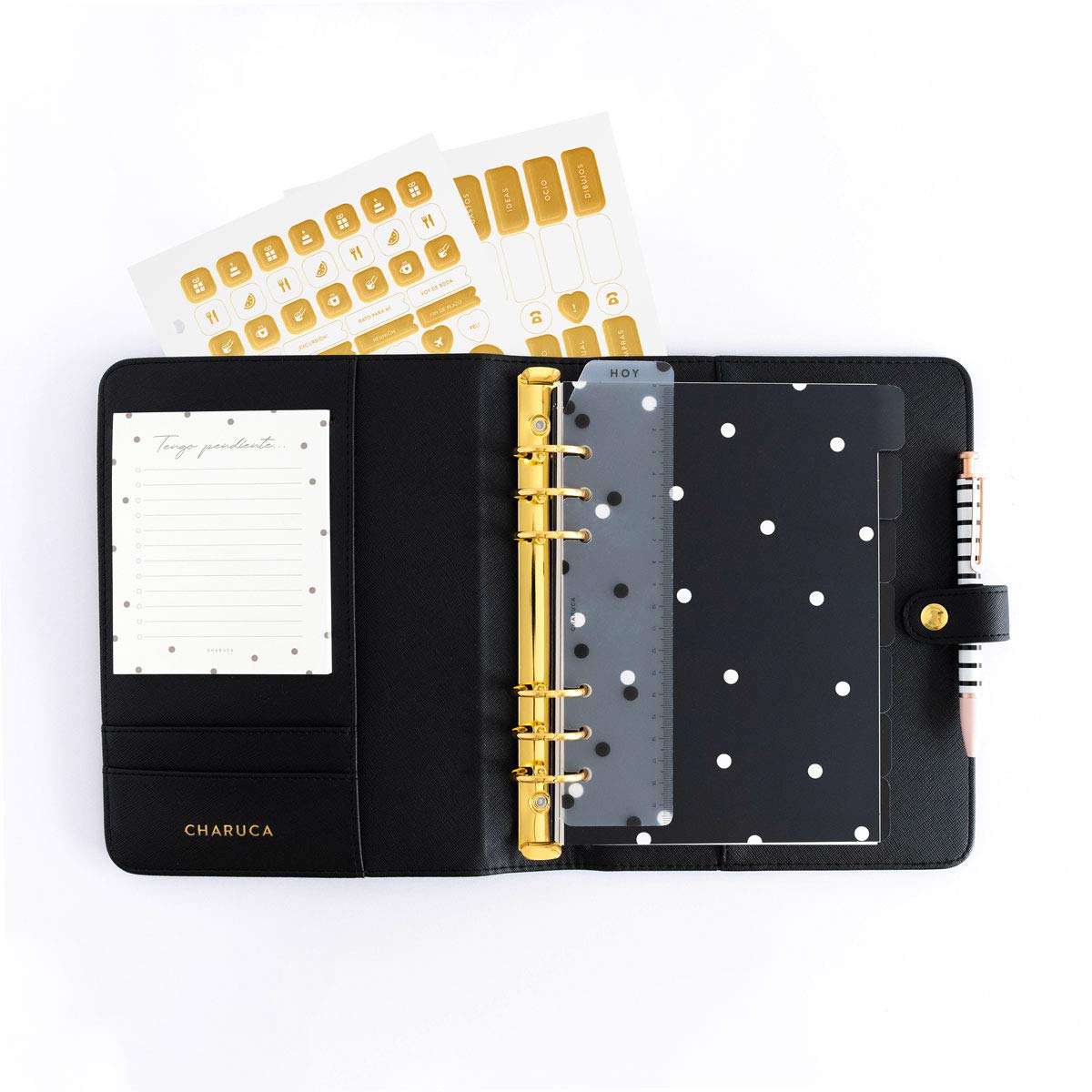 CHARUCA | Agenda ad anelli senza data con confezione di ricambio per agenda senza data+note + blocco note - carta A5 120 g, dimensioni 22 x 16 cm (BLACK)