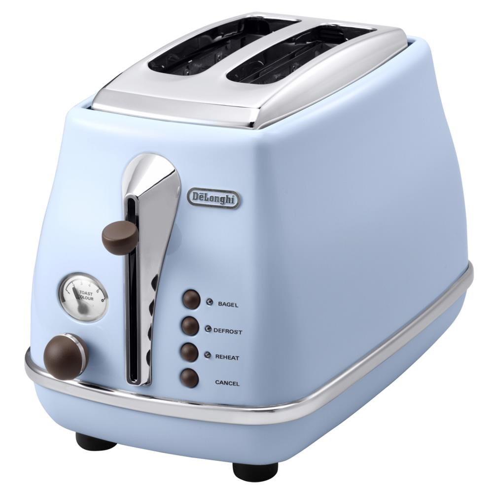 De'Longhi CTOV 2103.AZ Tostapane a 2 fette Icona Vintage, Controllo Progressivo del Grado di Tostatura, 3 funzioni, Scaldabrioches, Raccoglibriciole, Piedini Antiscivolo,900 Watt, Plastica, azzurro