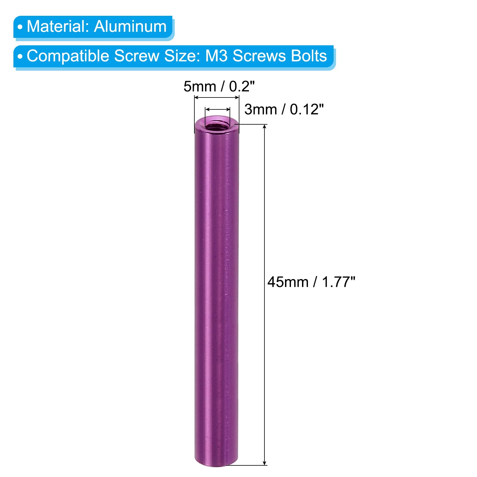 PATIKIL 6pcs M3 Metal Threaded Standoff Spacer Nuts, Round Aluminum Spacers Female Coupling Screws, 1/8" ID x 3/16" OD, Purple 3x5x45mm - Image 2