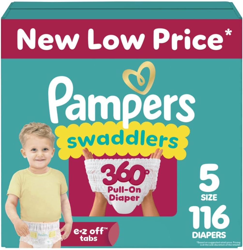 Pampers Diapers - Swaddlers 360° - Size 5, 116 Count, up to 100% Leakproof Comfy Dry Fit, Designed for Easy Changes, Pull On Baby Diaper (Packaging May Vary) Size 5 116