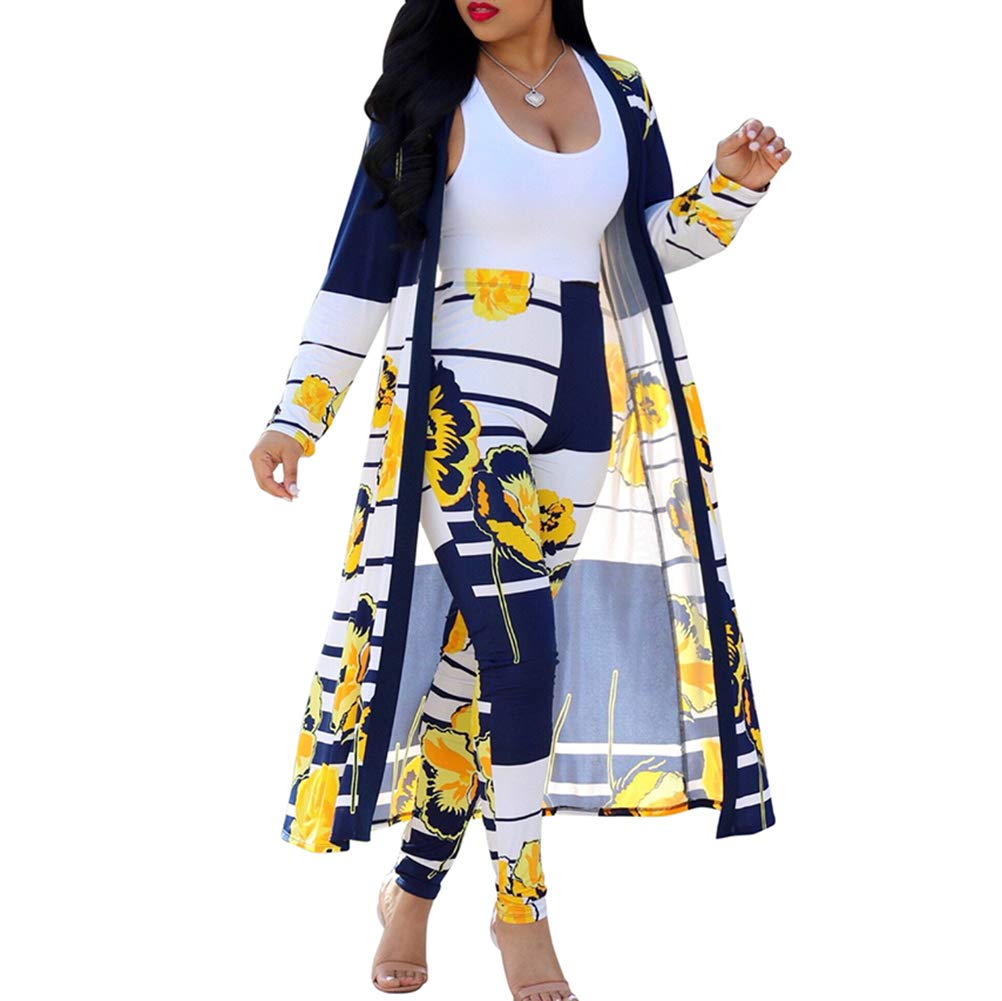 Womens Fashion Printed Long Cardigans 2 Piece Outfits Long Sleeve Coat and Trousers Set