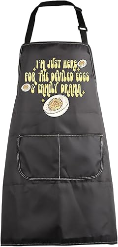 MBMSO Delantal sarcástico Here for Deviled Eggs & Family Drama Divertido Delantal de Cocina, Regalos de Humor, Delantal de Cocina con Bolsillos