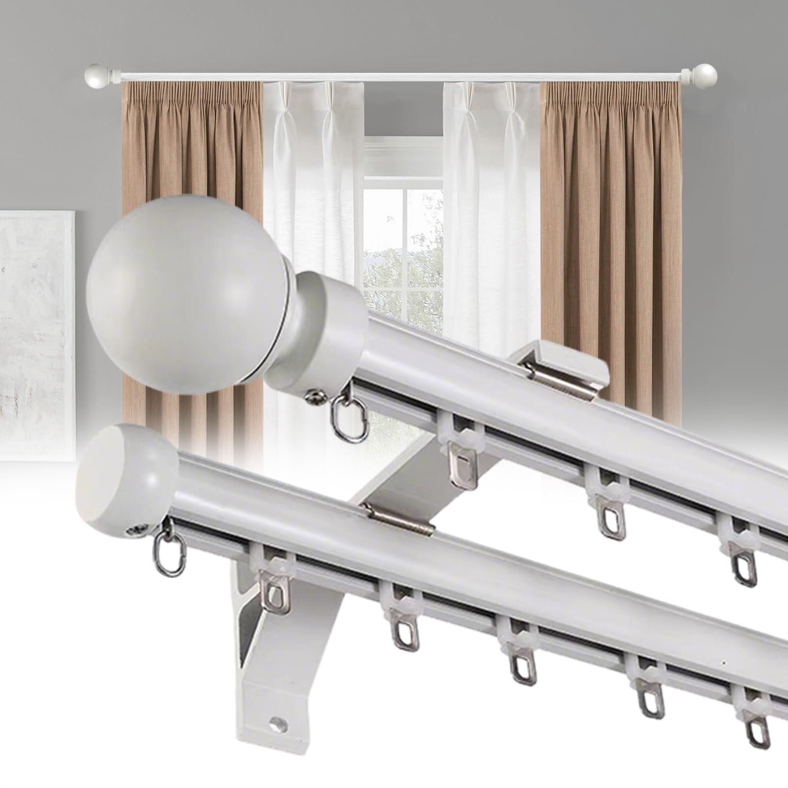 WQPMNYG Heavy-Duty Double Curtain Rods for Windows - Wall-Mounted Silent Track Perfect for Room Dividers Adjustable 1.5m (4.9ft) White Dual Rod Set Durable & Stylish