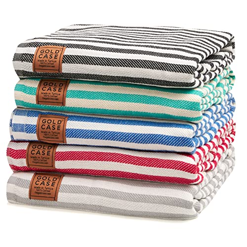 Gold Case Turkish Beach Towel Set Of 5-100% Cotton - 71X40 Inches Xxl Oversized - Quick Dry Sand Free Turkish Towel - Lightweight Bath Towels (Myra-Multi1 Red Green Blue) #TOP16