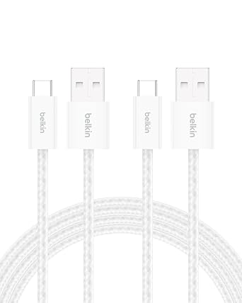 Belkin USB A to USB C Cable 2-Pack, 6.6ft, 15W, iPhone Charger Cord, Soft, Braided, Flexible for iPhone 17 & 16, Galaxy S26, Pixel 10, iPad Pro, Airpods Pro, Switch & More - White