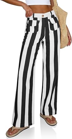 Cicy Bell Womens Striped Wide Leg Jeans High Waist Denim Pants