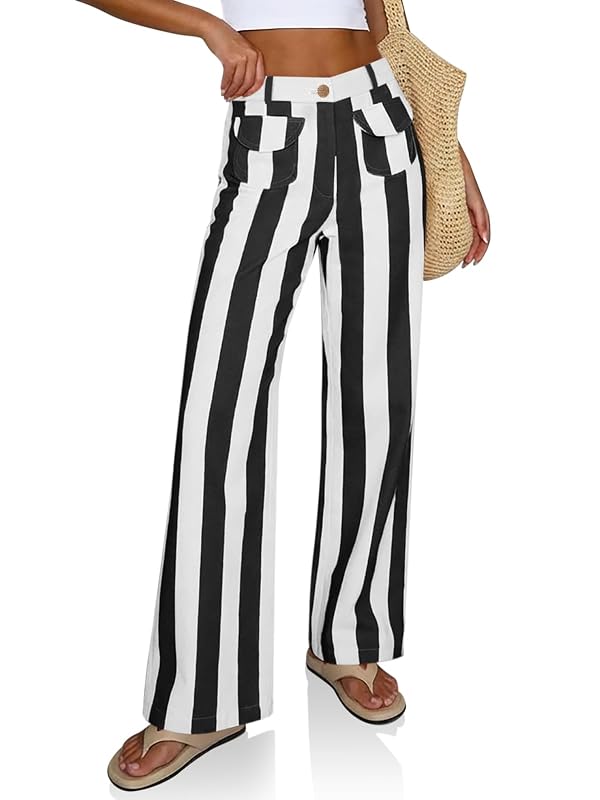 Cicy Bell Womens Striped Wide Leg Jeans High Waist Denim Pants Black by Cicy Bell - Used condition - US$34.46