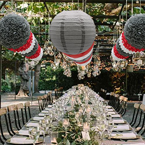 Image of KAXIXI 15-Pack Red-White-Gray Party Decorations, Paper Lanterns & Pom Poms