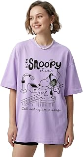 MOKARI Snoopy Radio Women Oversized Graphic T-Shirt | Snoopy Headphone DJ Illustration Print | Drop Shoulder Half Sleeve R... Price In India