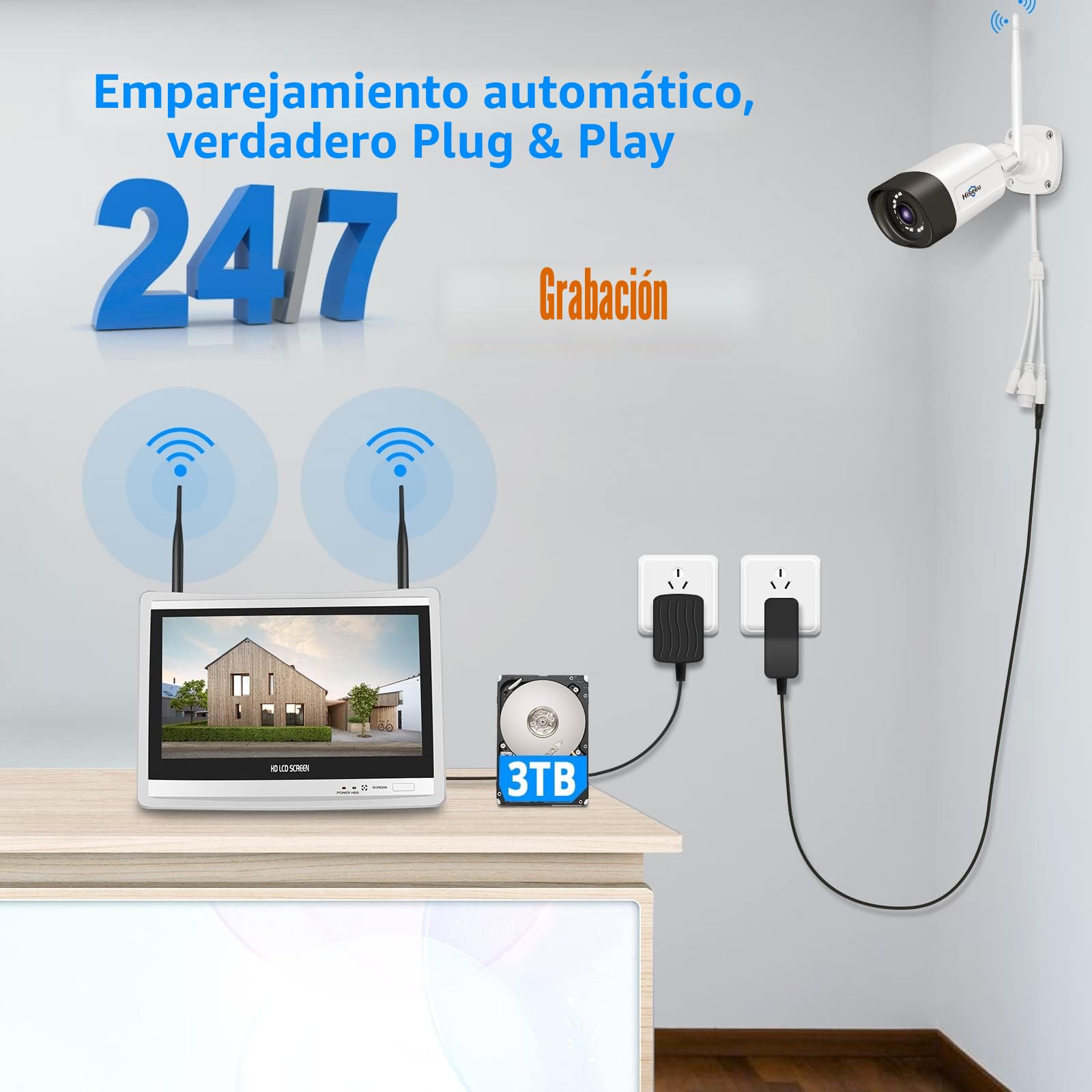 Hiseeu Kit Cámaras Vigilancia WiFi 5MP, Sistema Seguridad Inalámbrica con Monitor LCD 12'' y HDD 3TB, 4 Camaras IP Exterior, Detección Movimiento, Visión Nocturna, Audio Bidireccional
