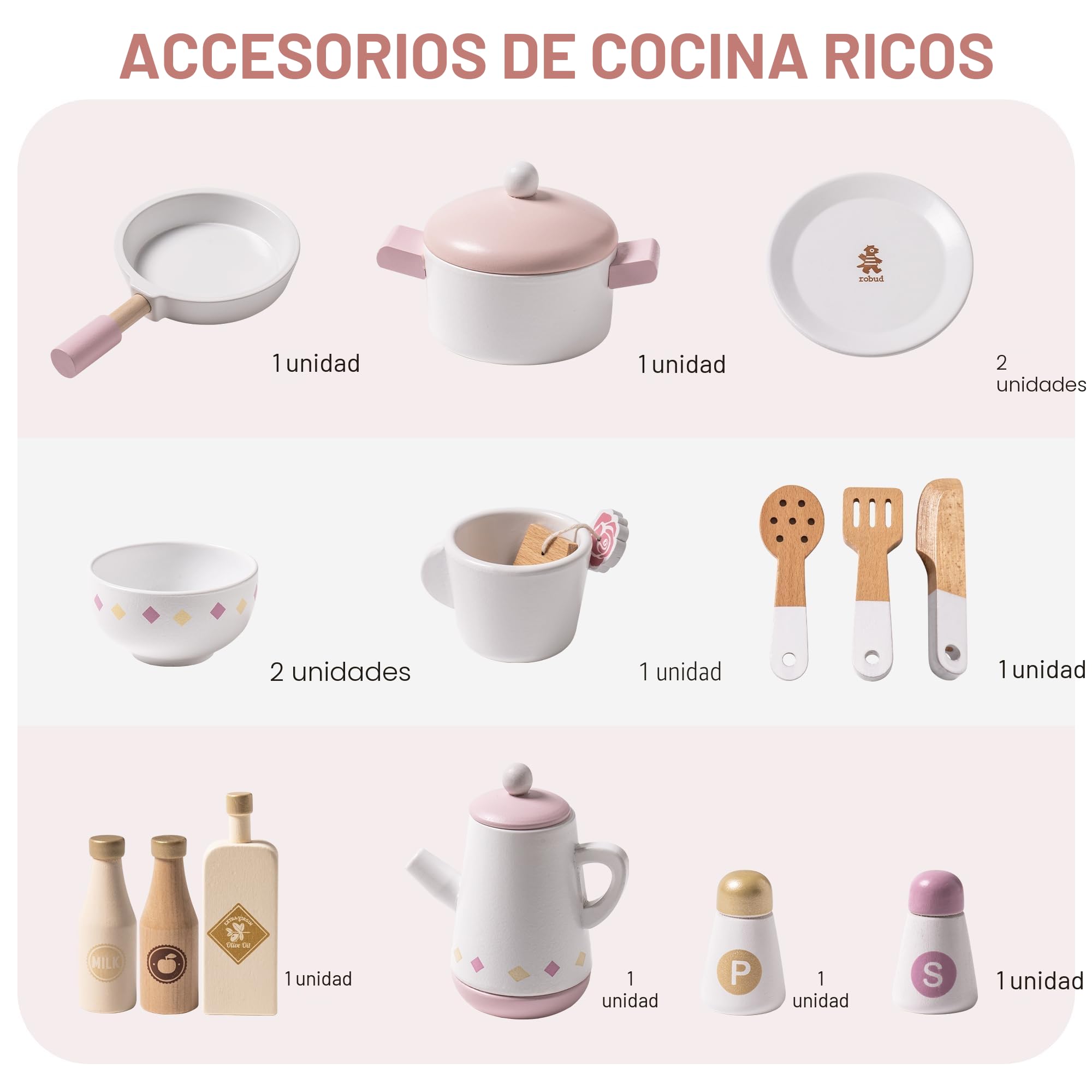ROBUD Cocina de juguete para niños pequeños, cocina de madera con accesorios realistas, juego de cocina de juguete con muchas características de juego, cocina de juguete de estilo moderno para niñas y