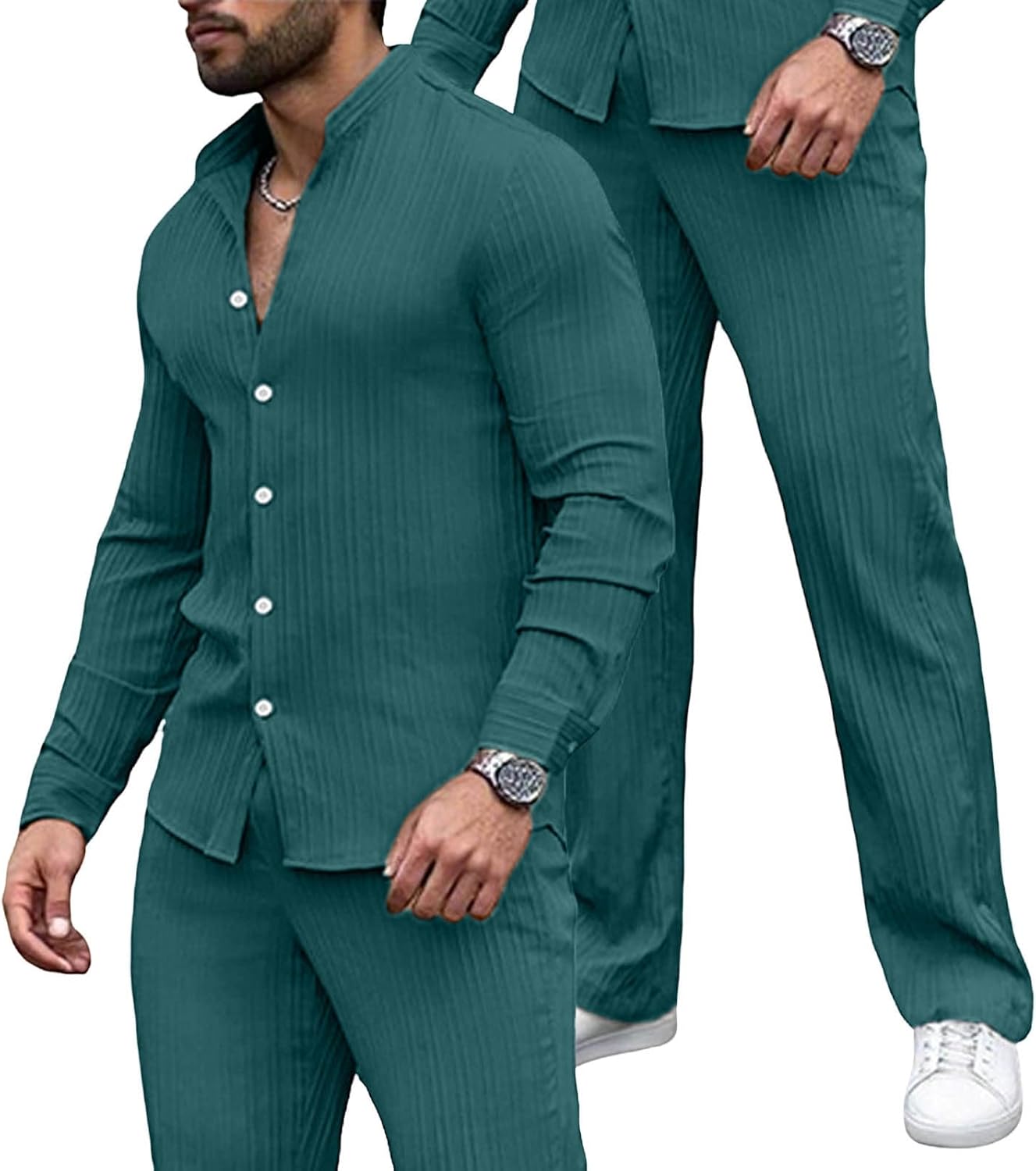 Cambkatl Men's 2 Piece Outfits, Loose Long Sleeve Button Down Shirt Straight Leg Casual Pants Beach Sets with Pockets