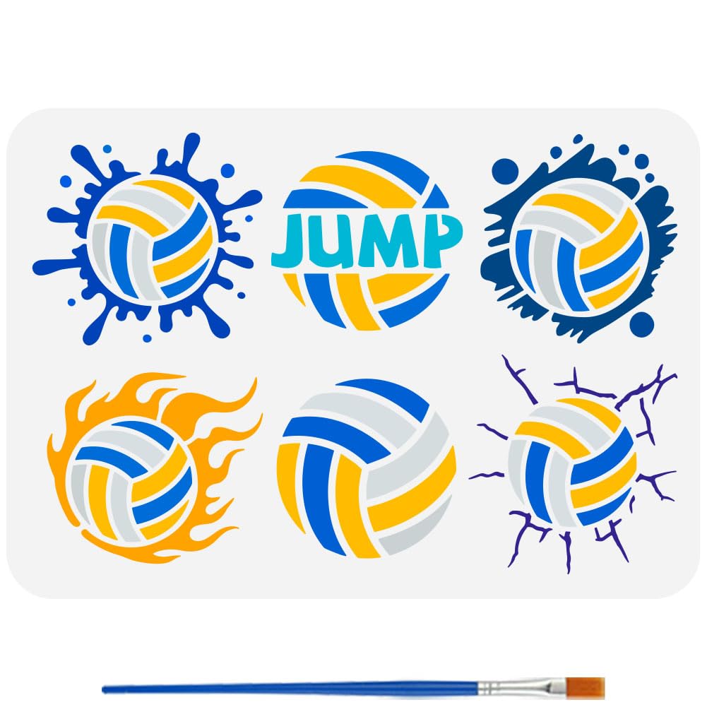 FINGERINSPIRE Volleyball Stencil with a Paint Brush 29.7x21cm 6Styles Volleyballs Pattern Template PET Volleyball Decoration Stencil Reusable Sports Themes Template for Wood Wall Floor Furniture