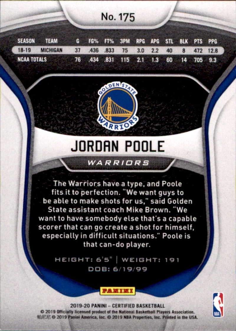 2019-20 Panini Certified #175 Jordan Poole Golden State Warriors Rookie Basketball Card
