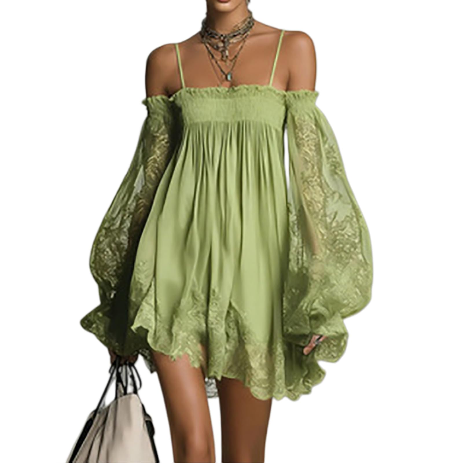 Minigonna Donna Fuori Spalla Pizzo Mini Abito Manica Lunga Boho da Festa, Affumato Collo Trasparente Lanterna Sciolto Abito-Green-s