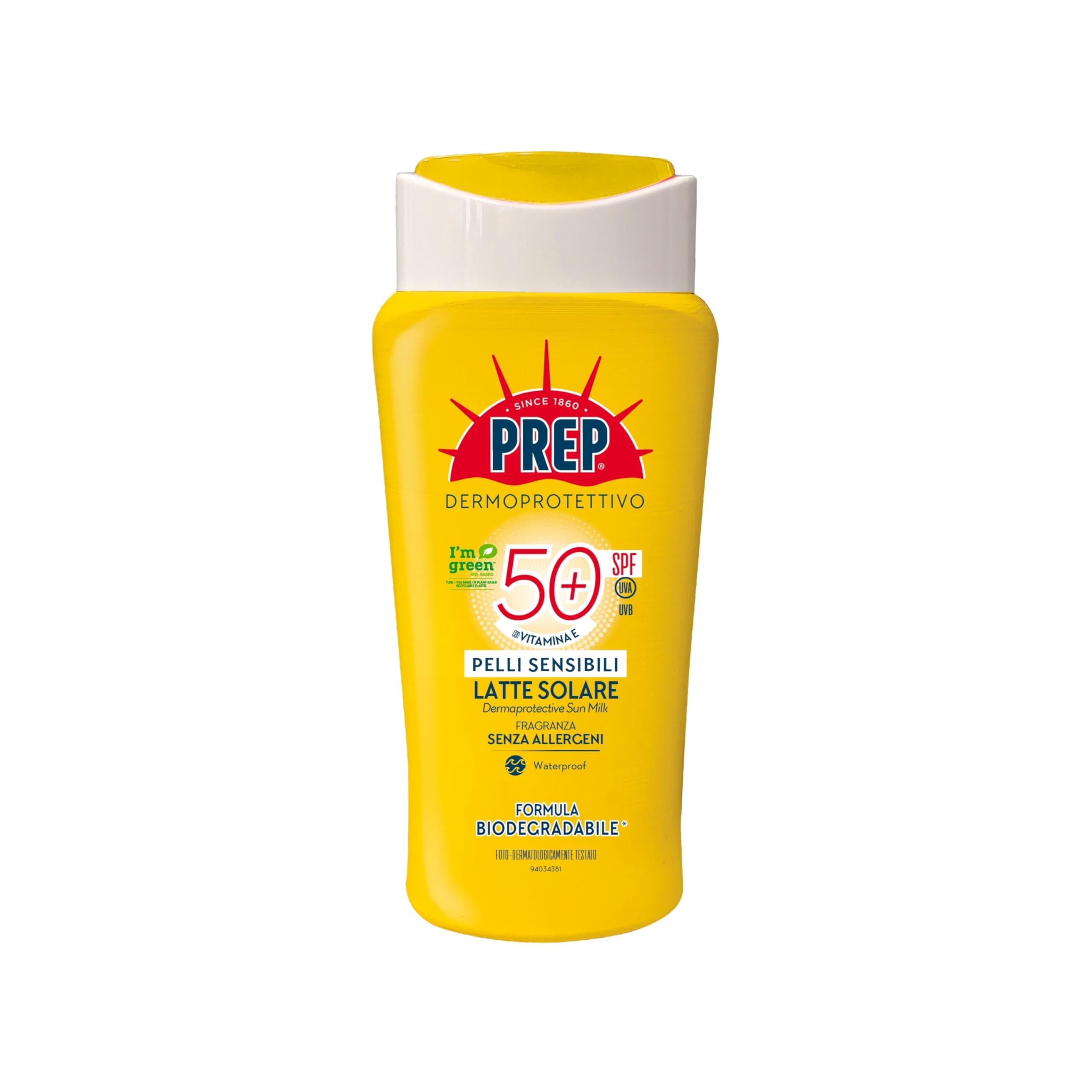 Prep, Latte Solare SPF50+ Protezione Pelli Sensibili, Protezione Raggi UVA/UVB, Con Vitamina E, Succo di Aloe Bio, Senza Parabeni, Allergeni, Fragrance Free, 200ml