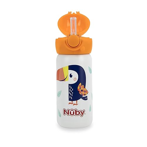 Miniatura 8 de Nuby Thirsty Kids - Vaso de viaje o botella de agua de acero inoxidable antiderrames Flip-It Active - 14 oz - Más de 18 meses - Tucán blanco -