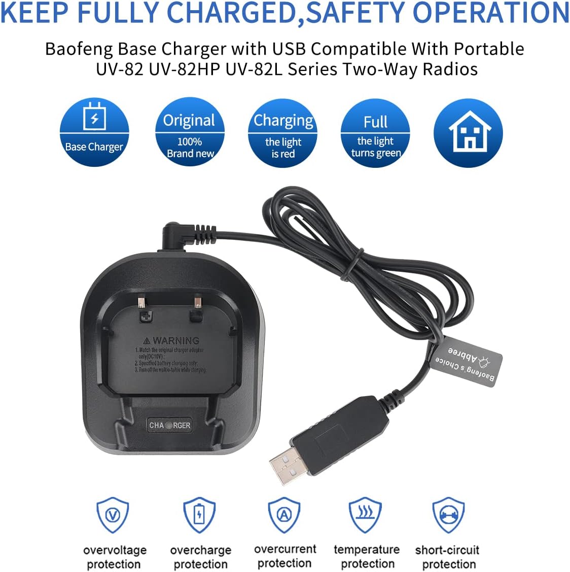 Baofeng USB Cable Battery Charger with Indicator Light for Portable Baofeng UV-82 UV-82HP UV-82L Series Two-Way Radios