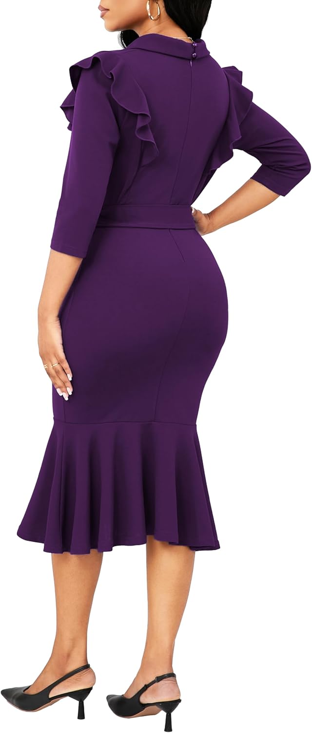 SxClub Elegant Dress for Women Sexy 3/4 Sleeve Business Knee Length Dresses Fishtail Zipper Belt