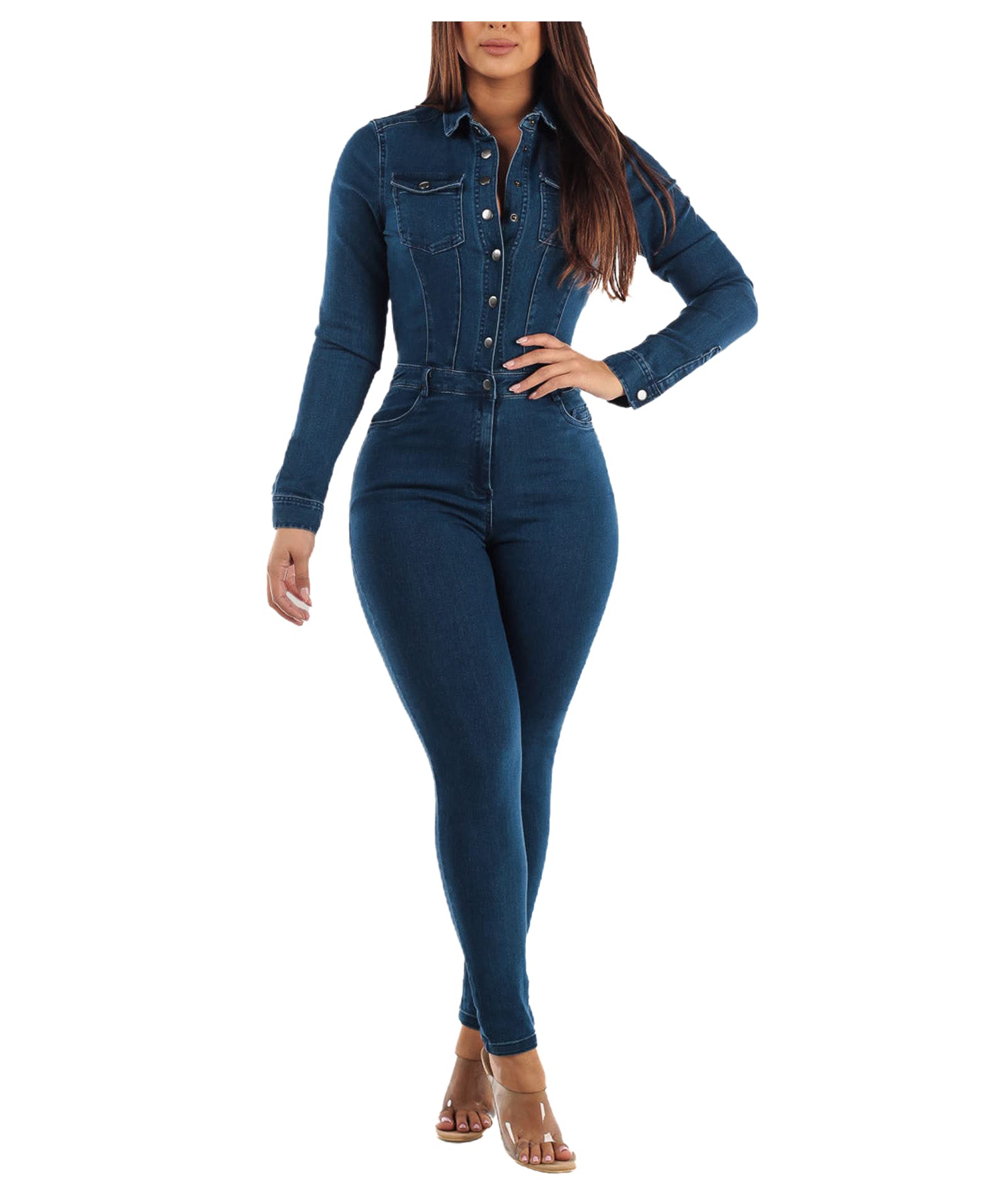 Women’s Sexy Short Sleeve Night Club Denim Jumpsuits Rompers Mini Shorts One Piece Stretchy Rompers with Pocket-image-33