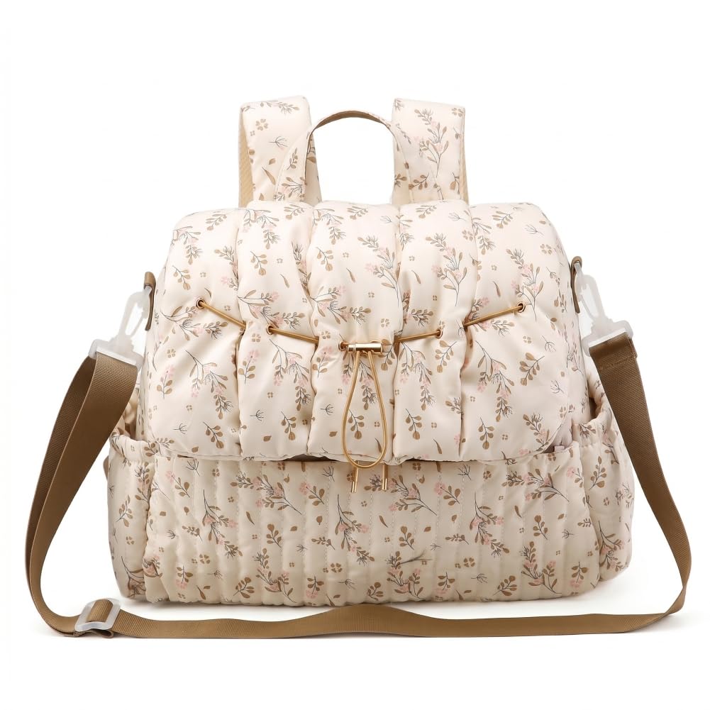 Bolsa de pañales floral, mochila de pañales floral, bolsa de múltiples bolsillos para madres, elegante mochila de viaje y al aire libre para madre (beige)