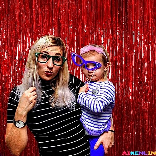 Image of 4 Pack 3.2Ft x 8.2Ft Red Foil Fringe Curtain Backdrop, Metallic Tinsel Foil Fringe Streamers Curtains Background for Photo Booth, Birthday, Wedding, Christmas Party Decoration
