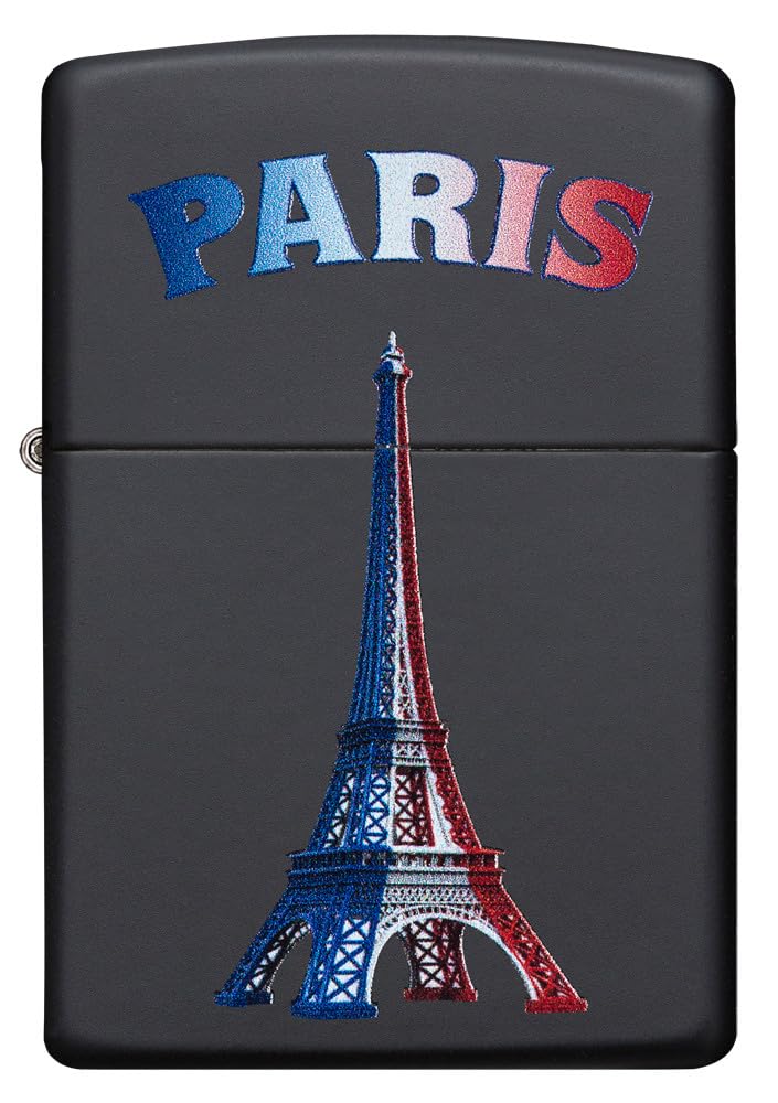 Zippo Sturmfeuerzeug - Paris Eiffel Tower Flag, Black Matte, Color Image - Nachfüllbar - Wiederverwendbar - Windfestes Design - Geschenkbox - Made in USA