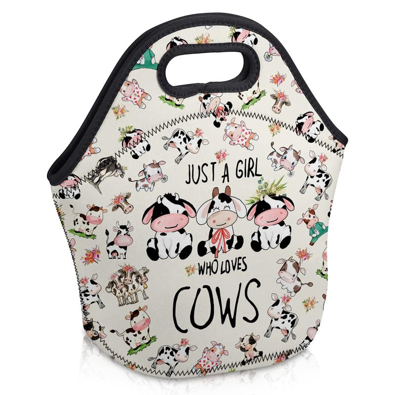 Just a Girl Who Love Cows Lunch Box Soft Neoprene Lunch Bag Portable Insulated Lunch Sack with Zipper Cute Foldable Reusable Lunch Tote Bag for Women Girls Boys Back to School Gifts