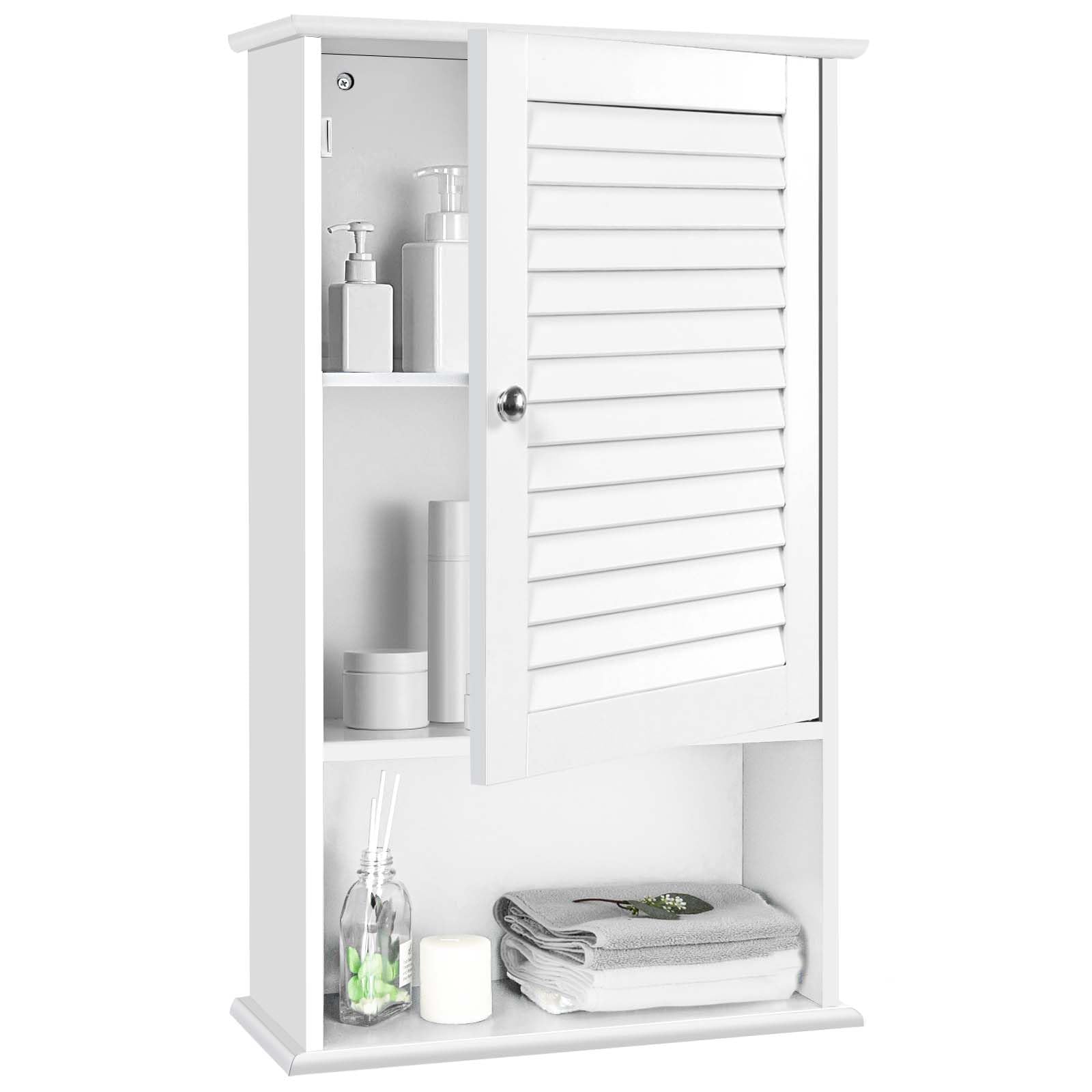 LIFEZEAL Pensile Bagno, in Legno, Mobiletto Bagno Salvaspazio, 42x17x70 cm, Pensile con Ante a Persiana e Mensola Aperta, Armadietto Sospeso con Ripiano Regolabile, Mobile da Muro per Cucina (bianco)