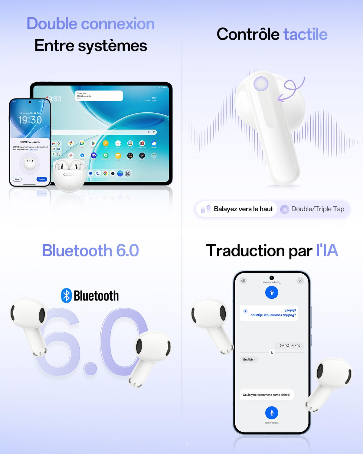OPPO Enco Air5s écouteurs sans Fil Semi-Intra à réduction de Bruit adaptative, Trois Microphones pour appels IA Nets, Bluetooth 6.0, autonomie 48h avec étui Charge, Lunar White