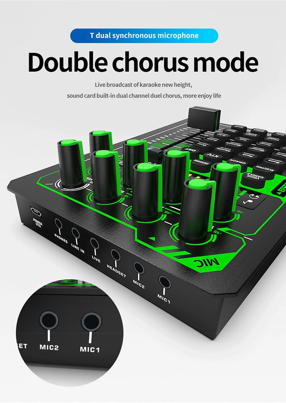 Professional Audio Mixer, Live Sound Card and Audio Interface Sound Board with Multiple DJ Mixer Effects,Voice Changer and LED Light, Prefect for Streaming/Podcasting/Gaming/Recording/YouTube/PC