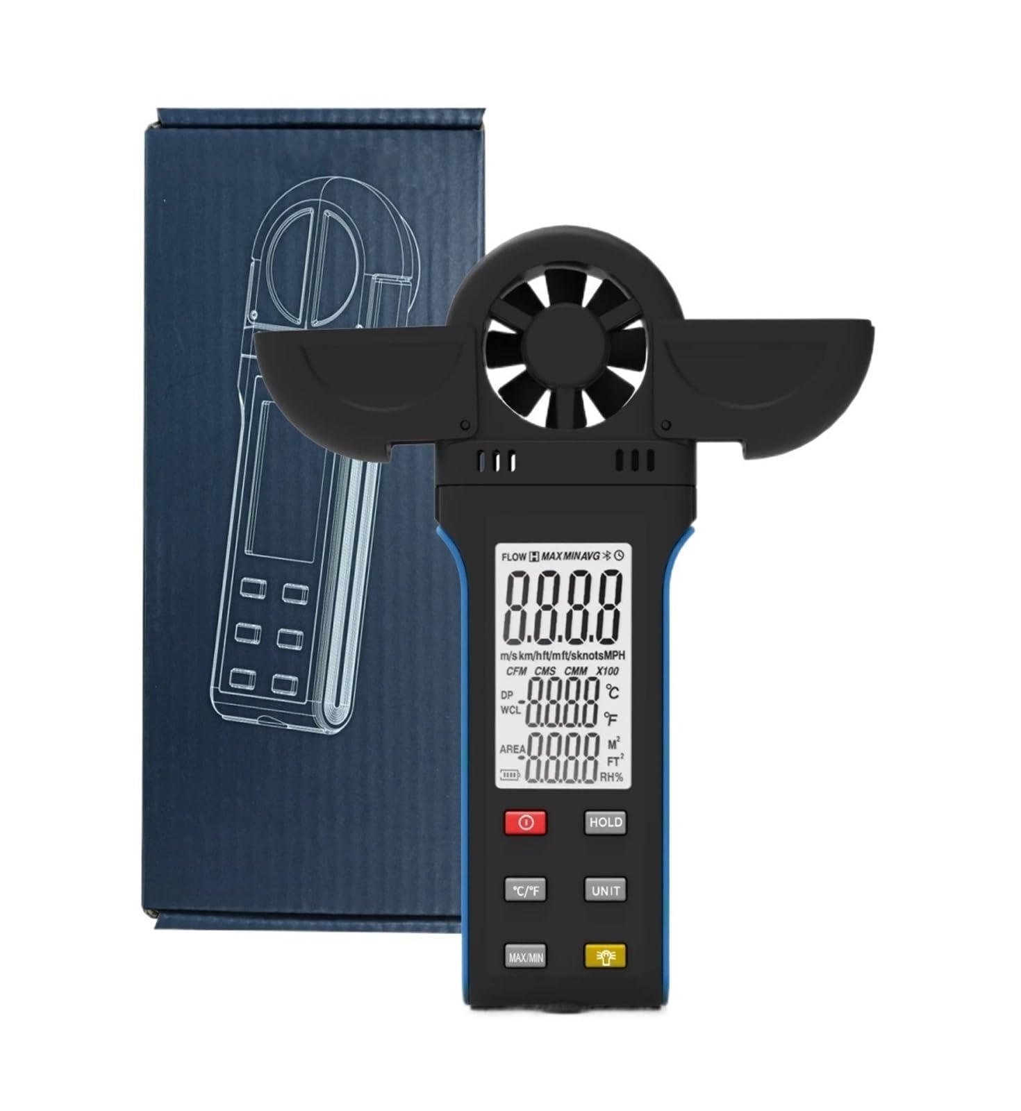Anemómetro Portátil, Anemómetro de mano con detector giratorio de 270° y cubierta de paleta, medidor digital de velocidad del viento.