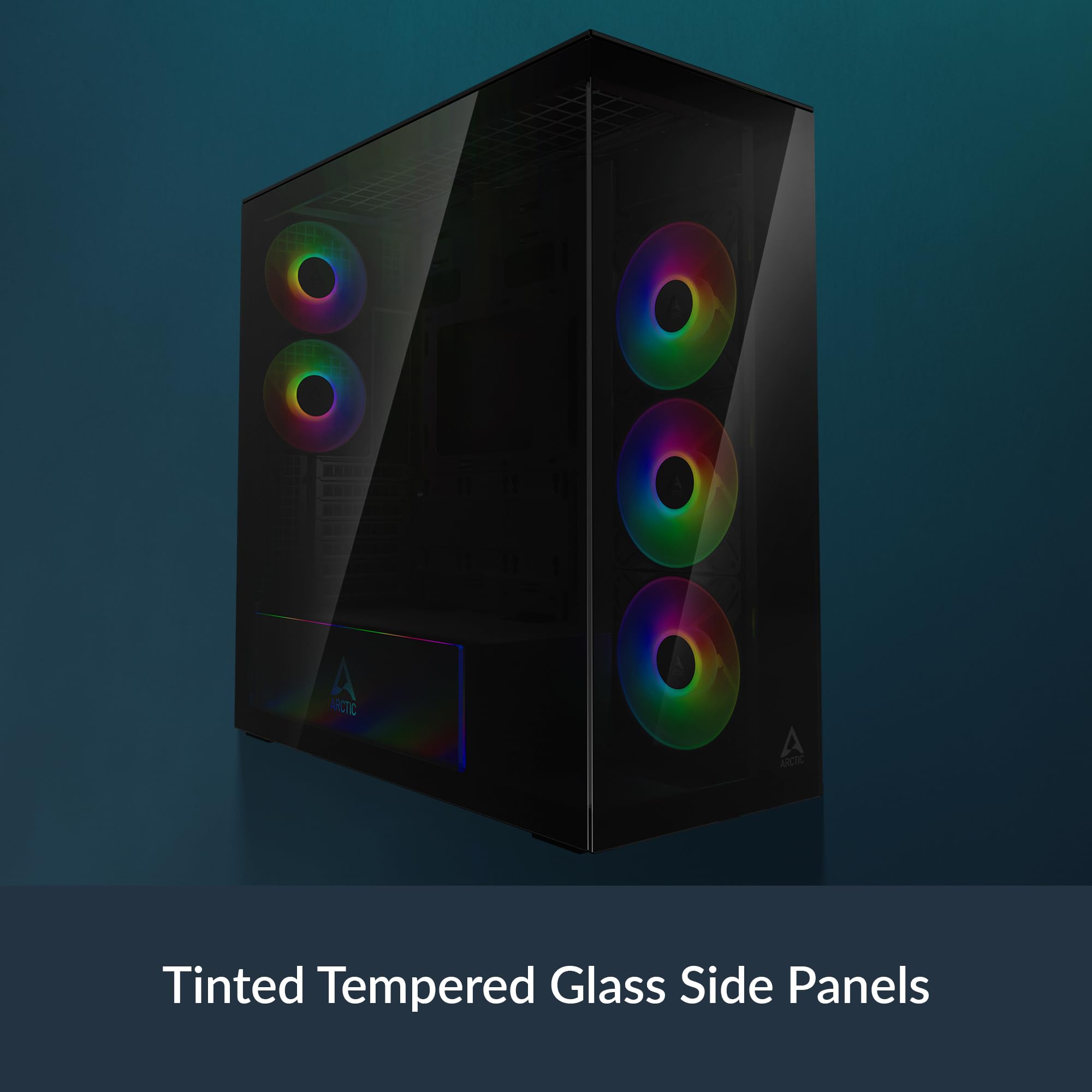 ARCTIC Xtender Black (Tinted Glass) - Case per PC, Vetro Panoramico Temperato, Supporto per Radiatore 2 x 420 mm, Torre Midi, E-ATX, 5x Ventole A-RGB Preinstallate - Nero