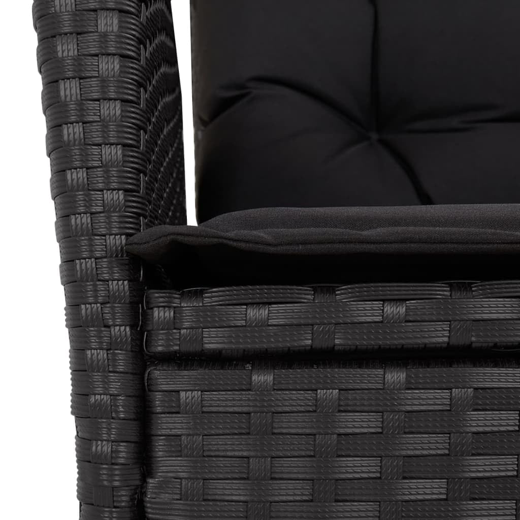5-TLG. Zestaw obiadowy ogrodowy, czarny, poly rattan, regulowany fotel relaksacyjny z poduszką, na taras, balkon, do jadalni