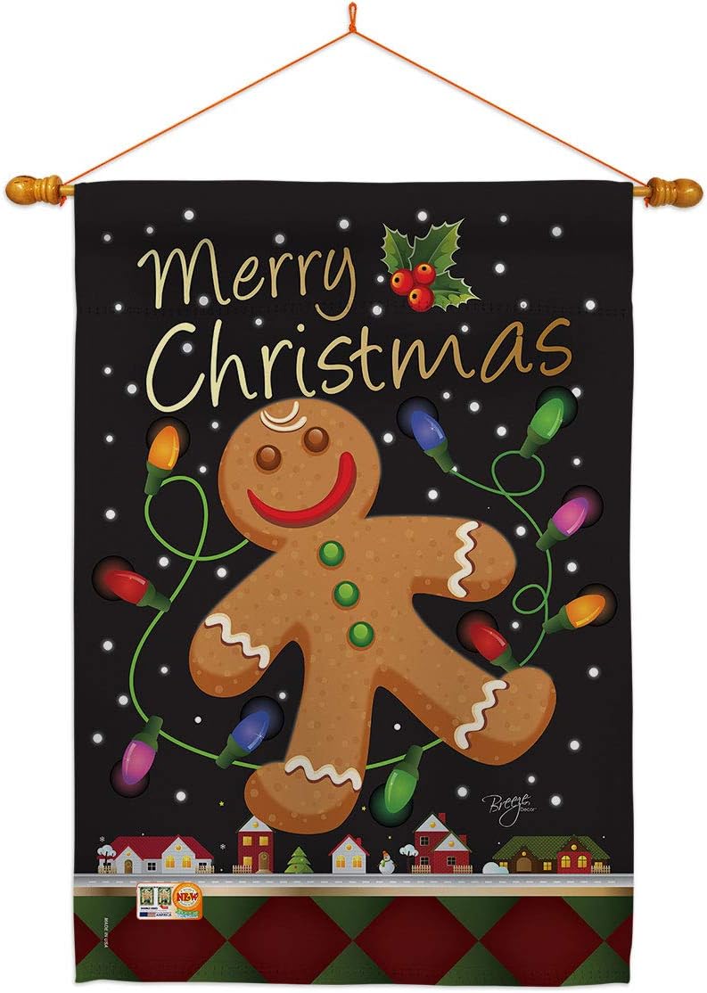 Gingerbread House Flag Dowel Set Wintertime Christmas Santa Marry Xmas Present Reindeer Season Snow Small Decorative Gift Yard Banner Made In USA 28 X 40