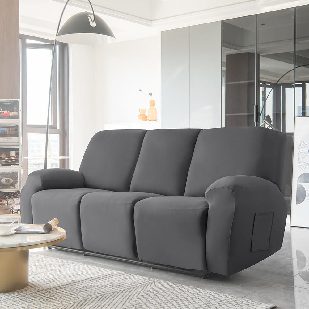 Highdi Housse de Fauteuil Relax Doux Extensible, Couleur Unie Housse de Canapé Antidérapante avec Poche Latérale, Protege de Meubles Lavable pour Fauteuil Inclinable (Gris foncé,3 Places)