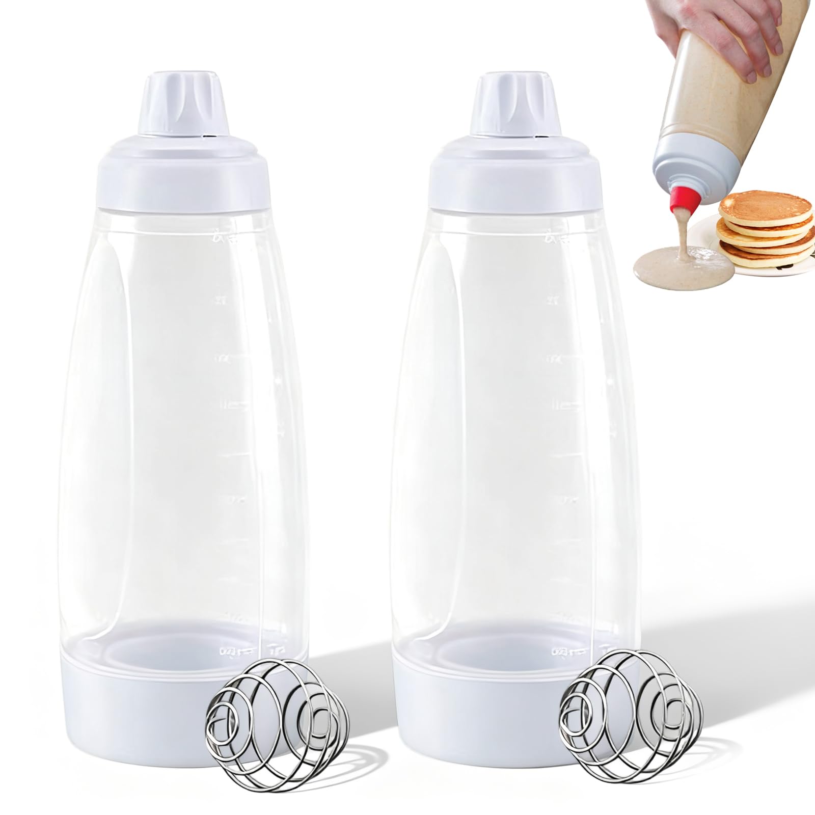 Pancake Batter Dispenser, 2PCS 1000ML Hand Batter Dispenser Mixer Bottle with Stainless Steel Stirring Ball for Cupcake Pancake Crepe Batter