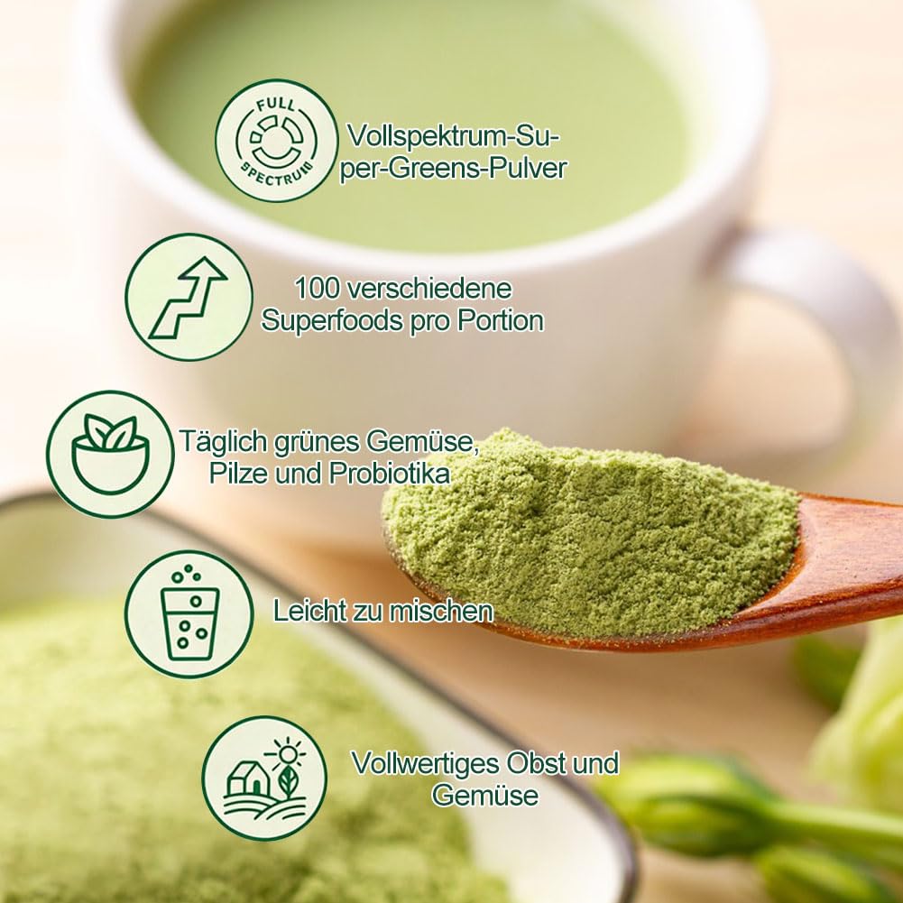 Grüne Entgiftungspulver, Grünes Superfood Pulver 200g – Grüner Pulver mit Matcha, Gerstengras, Heidelbeeren| Ballaststoffreich & Vegan | Natürliches Pflanzenpulver für Alltag & Ernährung, 2pc