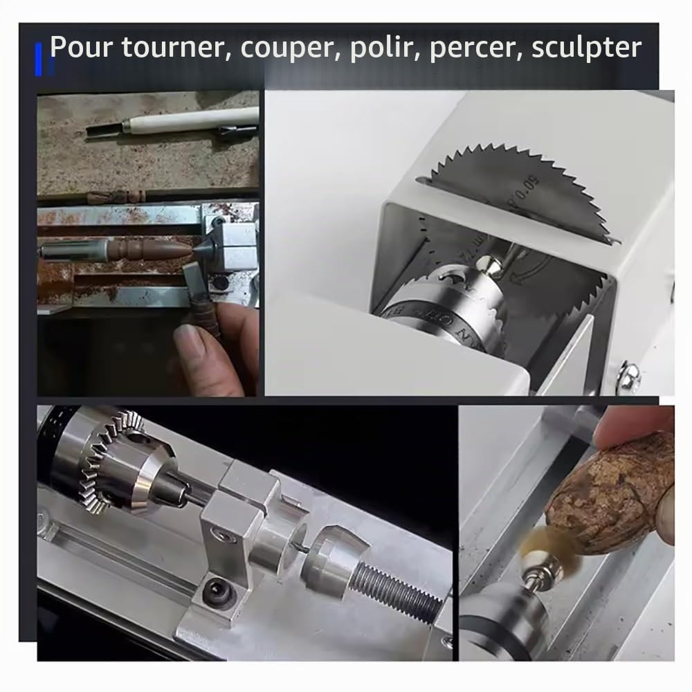 Mini Tour à Bois, 24v Tour à Bois 4000-8000 tr/min, Mini Tour Metaux avec 7 Vitesses, Plage de Serrage de 0.06 à 6.5 mm,pour le Tournage,le Meulage,le Polissage,le Perçage de Chapelets et la Sculpture