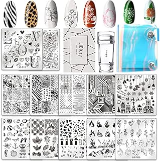 JEEWHEET 12pcs Nail Stamping Templates Plate 1 Scraper 1 Silicone Mail Stamper 1 Transparent Laser Storage Bag, Stamping Plates for Nail Art, Pattern Rose Flower Animal Mandala Mermaid Valentine's
